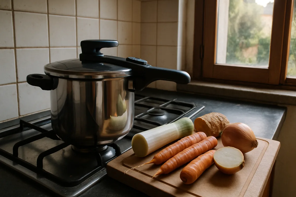 Brodo di pollo in pentola a pressione: il rapporto verdure che non ti dà la zuppa di porri