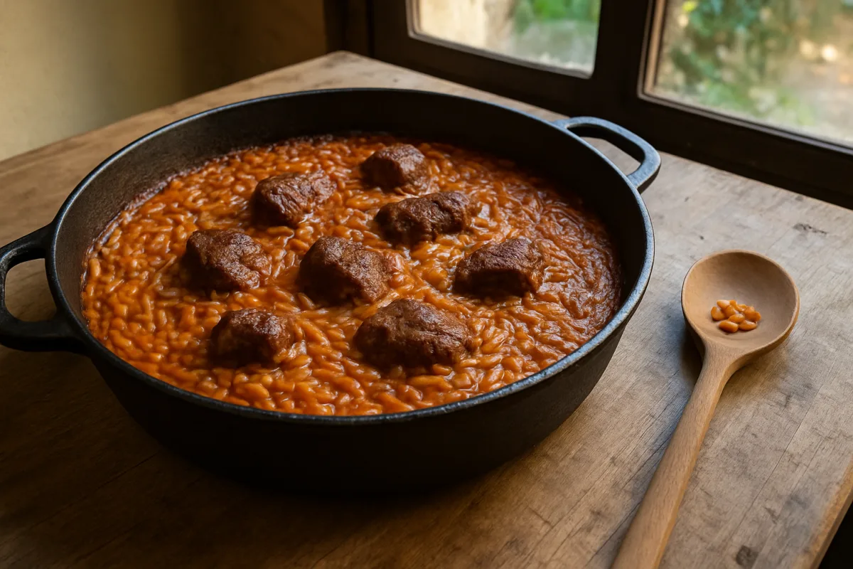 Giouvetsi di manzo: il segreto è nella cottura della pasta dentro il sugo